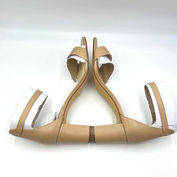 10W 10 WIDE WIDTH Nine West Pruce Nude Beige Tan Leather Heel Sandals Shoes - Picture 7 of 12